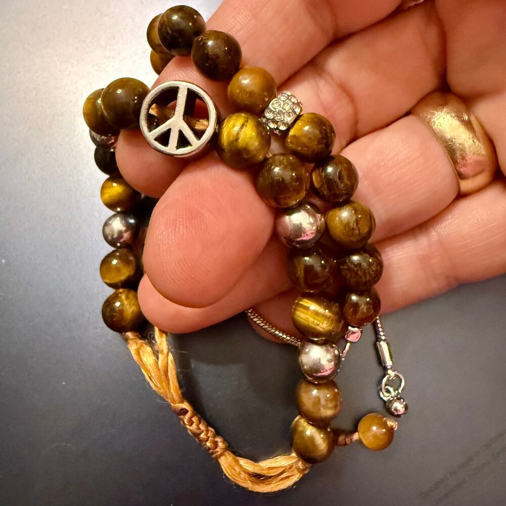 Pair of Adjustable Tigers Eye Beaded Bracelets Peace Crystal - Picture 5 of 8